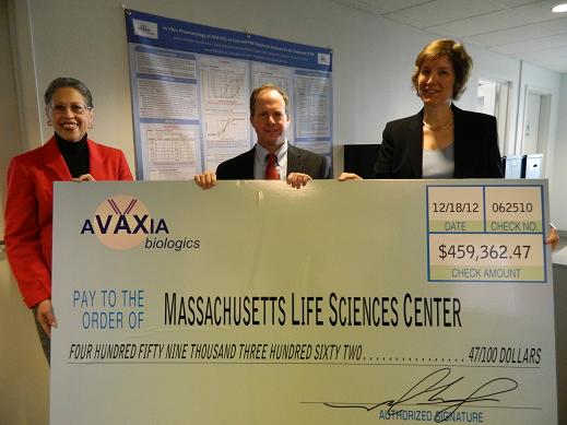 Massachusetts Life Sciences Center President & CEO Dr. Susan Windham-Bannister and Chief Financial and Administrative Officer Bradley Rosenblum receive Avaxia Biologics’ Accelerator loan repayment check from CEO Barbara S. Fox. (From left to right: Dr. Susan Windham-Bannister, Ph.D., President & CEO, Massachusetts Life Sciences Center; Bradley Rosenblum, Chief Financial and Administrative Officer, Massachusetts Life Sciences Center; Barbara S. Fox, CEO, Avaxia Biologics Inc.)