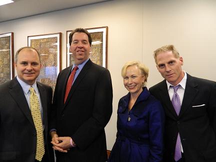 From left to right: Preston “Cinco” Plumb, President & CEO, BioSurplus;  Angus McQuilken, VP for Communications, Massachusetts Life Sciences Center; Jackie Townsend, M.S., Chief Marketing Officer, BioSurplus; and Robert Yacobian, Leasing Director, Cummings Properties, celebrating BioSurplus’ arrival in Massachusetts