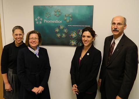 Local officials gathered at Promedior’s new Lexington facility to celebrate the grand opening (from left to right): Dr. Susan Windham-Bannister, President & CEO, Massachusetts Life Sciences Center; Dr. Suzanne Bruhm, President & CEO, Promedior; Melisa Tintocalis, Economic Development Director, Town of Lexington; Carl Valente, Town Manager, Town of Lexington.