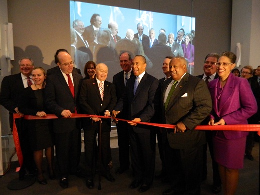 Massachusetts Life Sciences Center President & CEO Dr. Susan Windham-Bannister and Gov. Deval Patrick are joined by other dignitaries, including Albie Sherman, at the Sherman Center ribbon-cutting event.