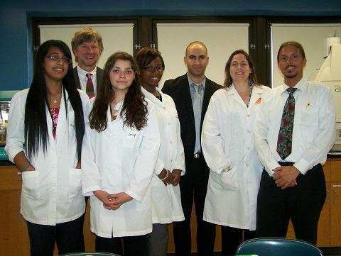 From left to right: Alondra Santana, Dr. Robert Dickerman, Dean of Math, Sciences & Engineering Transfer, Jenaye Walbert, LaQuita Woods, Ryan Mudawar, Program Associate & Grants Administrator, Mass Life Sciences Center, Dr. Lisa Rapp, STCC Biotechnology Chair, Doug Gendron, Biology Teacher at NLCS. Photo courtesy of Joan E. Thomas