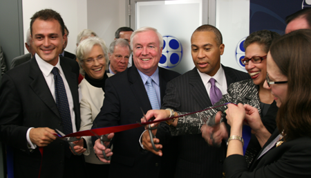 Biocell Center and Massachusetts state officials at the opening of Biocell Center¡¯s North American headquarters. Pictured left to right are Marco Reguzzoni, Chairman of Biocell Center, Senator Pat Jehlen, Medford Mayor Michael McGlynn, Governor Deval Patrick, Dr. Susan Windham-Bannister, MassBio President & CEO Bob Coughlin, and Kate Torchilin, CEO of Biocell Center.